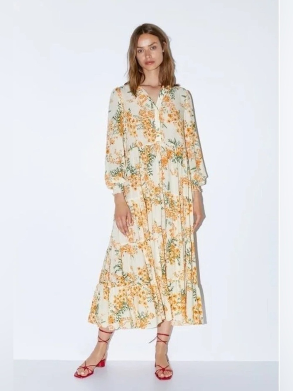 Zara Angel Dress Flowy Tiered Floral Maxi Dress Small Cottagecore Boho Romantiic